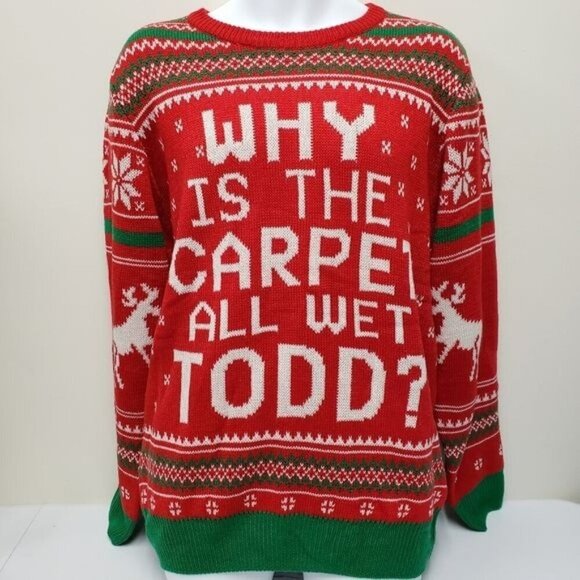 Why is the Carpet all Wet Todd Mens Christmas Vacation Ugly Sweater Size XL - Picture 1 of 5